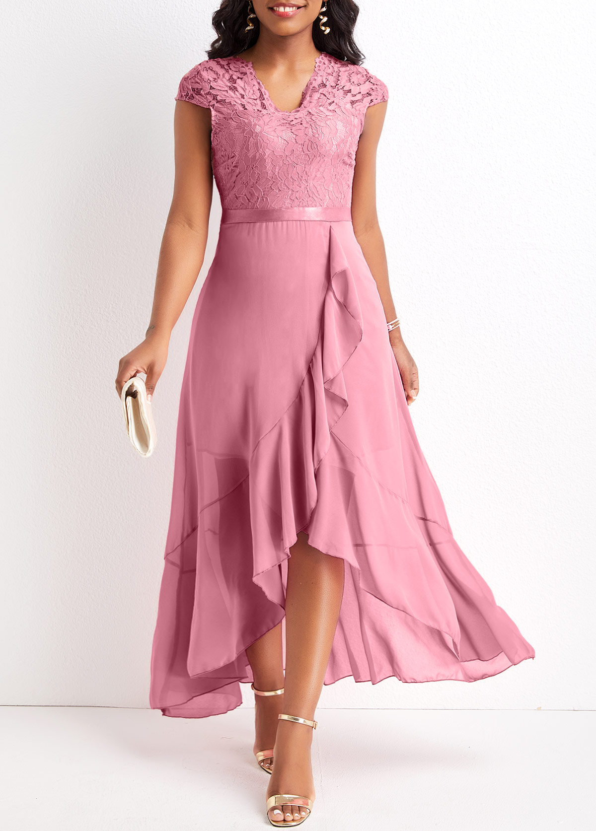 Pink plus size,Plain Color plus size,Plus Size Lace Pink High Low Dress