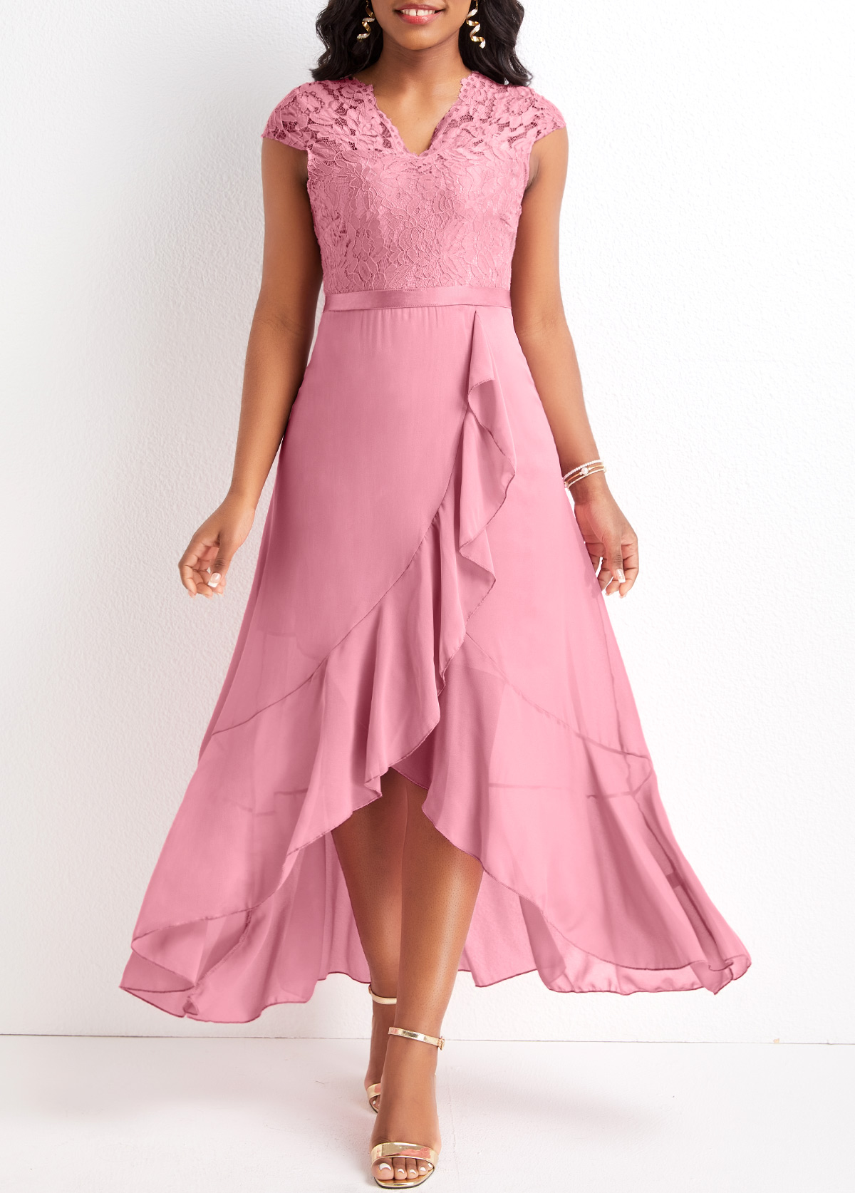 Pink plus size,Plain Color plus size,Plus Size Lace Pink High Low Dress
