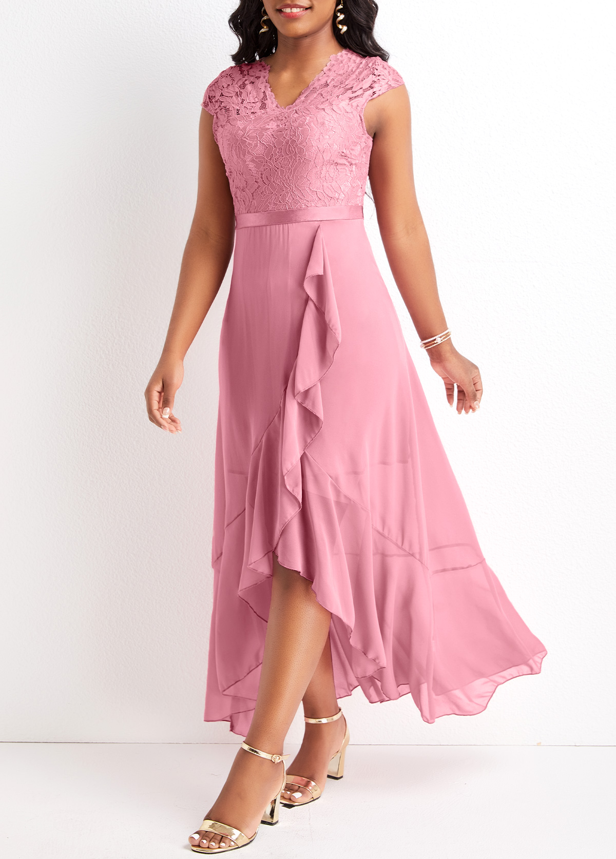Pink plus size,Plain Color plus size,Plus Size Lace Pink High Low Dress