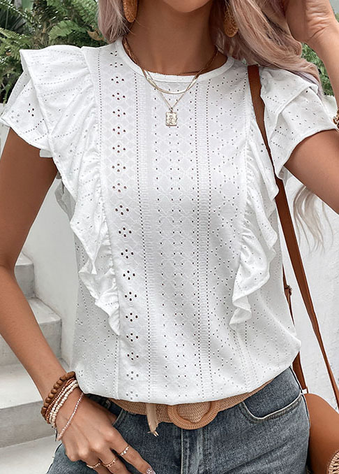 White tops,Plain Color tops,Ruffle White Round Neck Short Sleeve Blouse