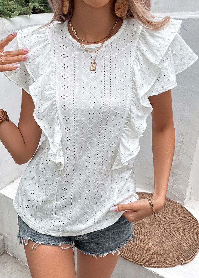White tops,Plain Color tops,Ruffle White Round Neck Short Sleeve Blouse