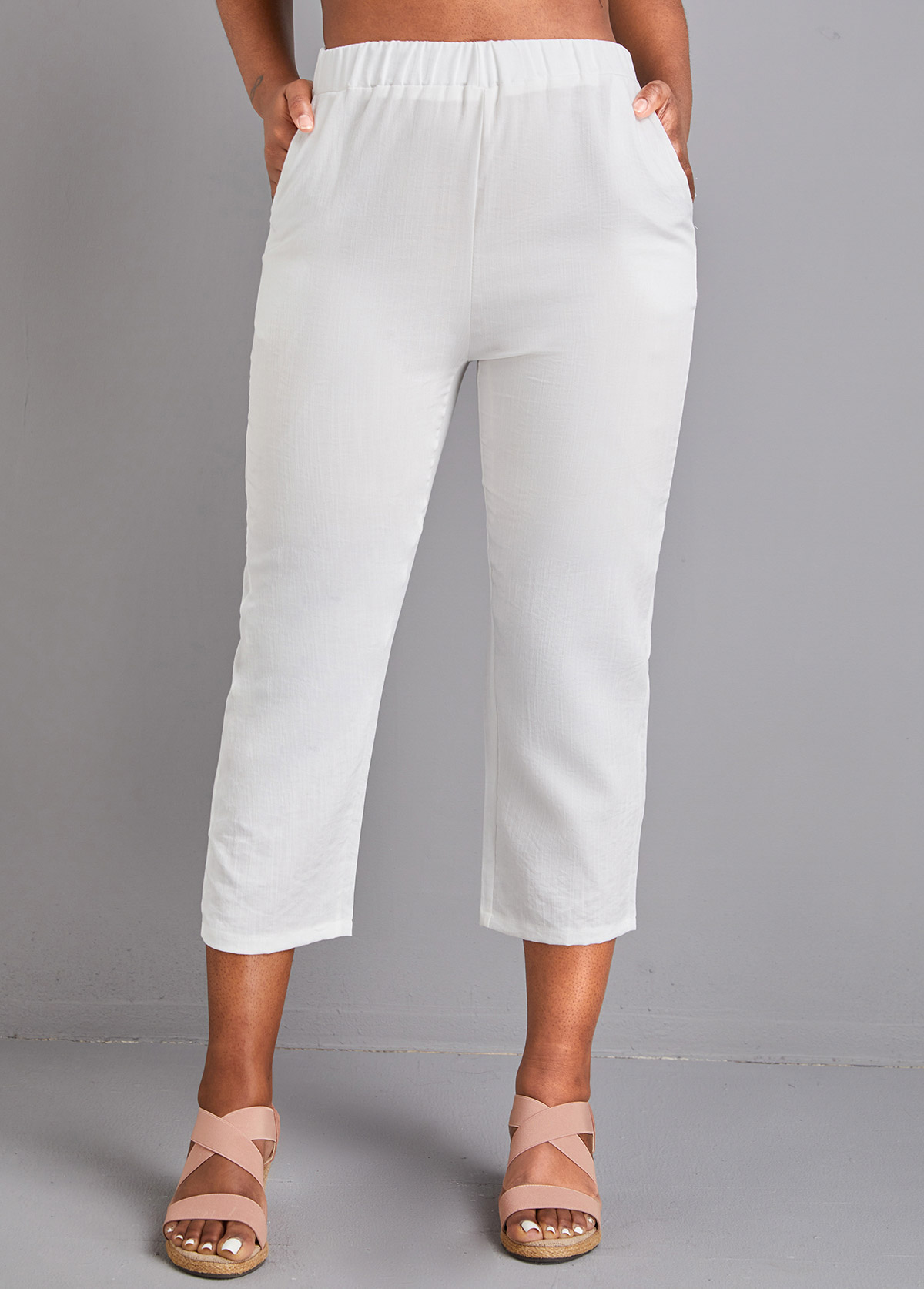 White bottoms,Plain Color bottoms,Pocket White Elastic Waist High Waisted Pants