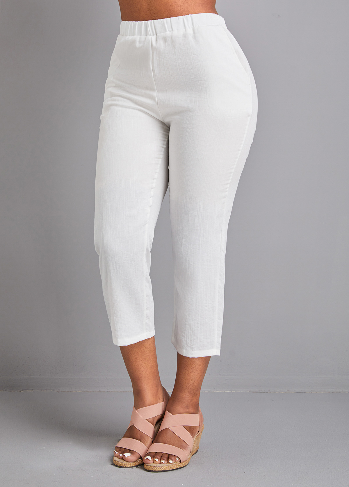 White bottoms,Plain Color bottoms,Pocket White Elastic Waist High Waisted Pants