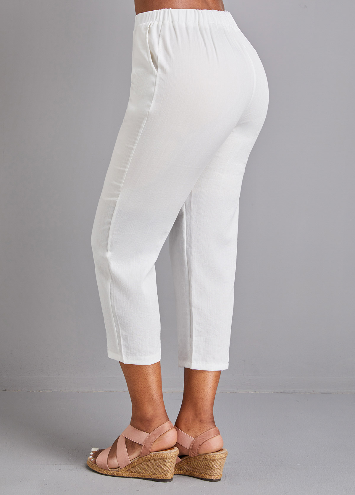 White bottoms,Plain Color bottoms,Pocket White Elastic Waist High Waisted Pants