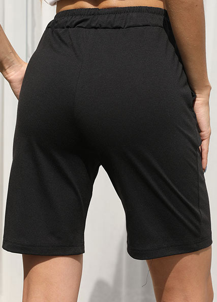 Black bottoms,Plain Color bottoms,Pocket Black Regular Drawastring High Waisted Shorts