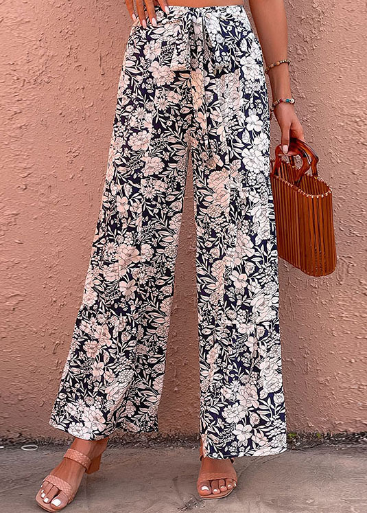 Bowknot Floral Print Navy Elastic Waist Pants