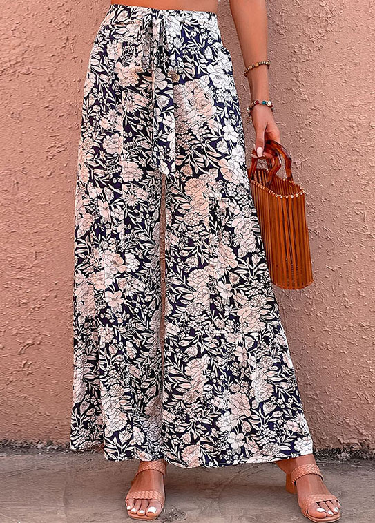 Navy bottoms,Floral bottoms,Bowknot Floral Print Navy Elastic Waist Pants