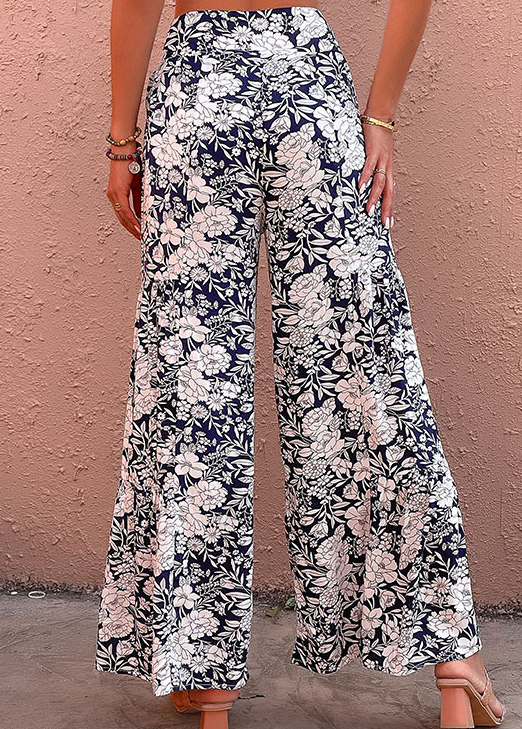 Navy bottoms,Floral bottoms,Bowknot Floral Print Navy Elastic Waist Pants