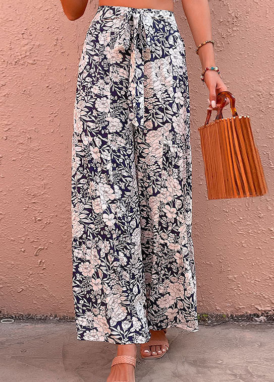 Navy bottoms,Floral bottoms,Bowknot Floral Print Navy Elastic Waist Pants