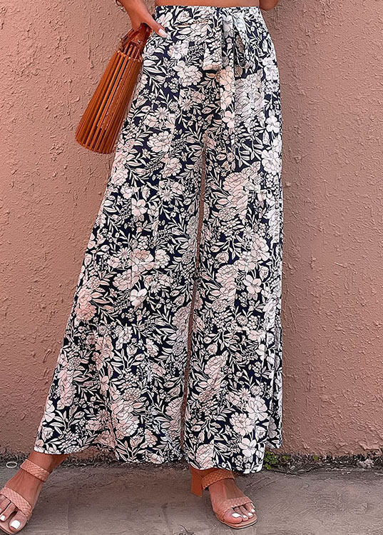 Navy bottoms,Floral bottoms,Bowknot Floral Print Navy Elastic Waist Pants