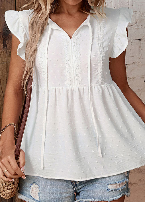 White tops,Plain Color tops,Ruffle White Tie Collar Short Sleeve Blouse