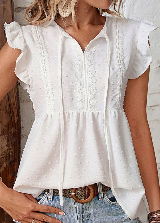 White tops,Plain Color tops,Ruffle White Tie Collar Short Sleeve Blouse