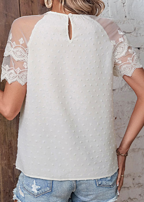 White tops,Plain Color tops,Patchwork White Round Neck Short Sleeve Blouse