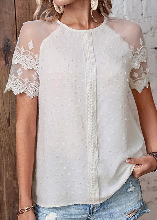 White tops,Plain Color tops,Patchwork White Round Neck Short Sleeve Blouse