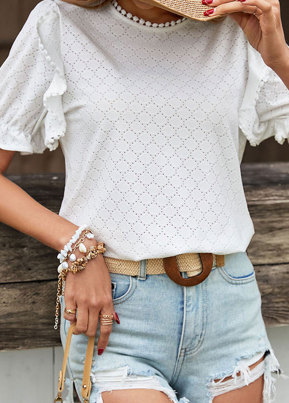 White tops,Plain Color tops,Button White Round Neck Short Sleeve T Shirt