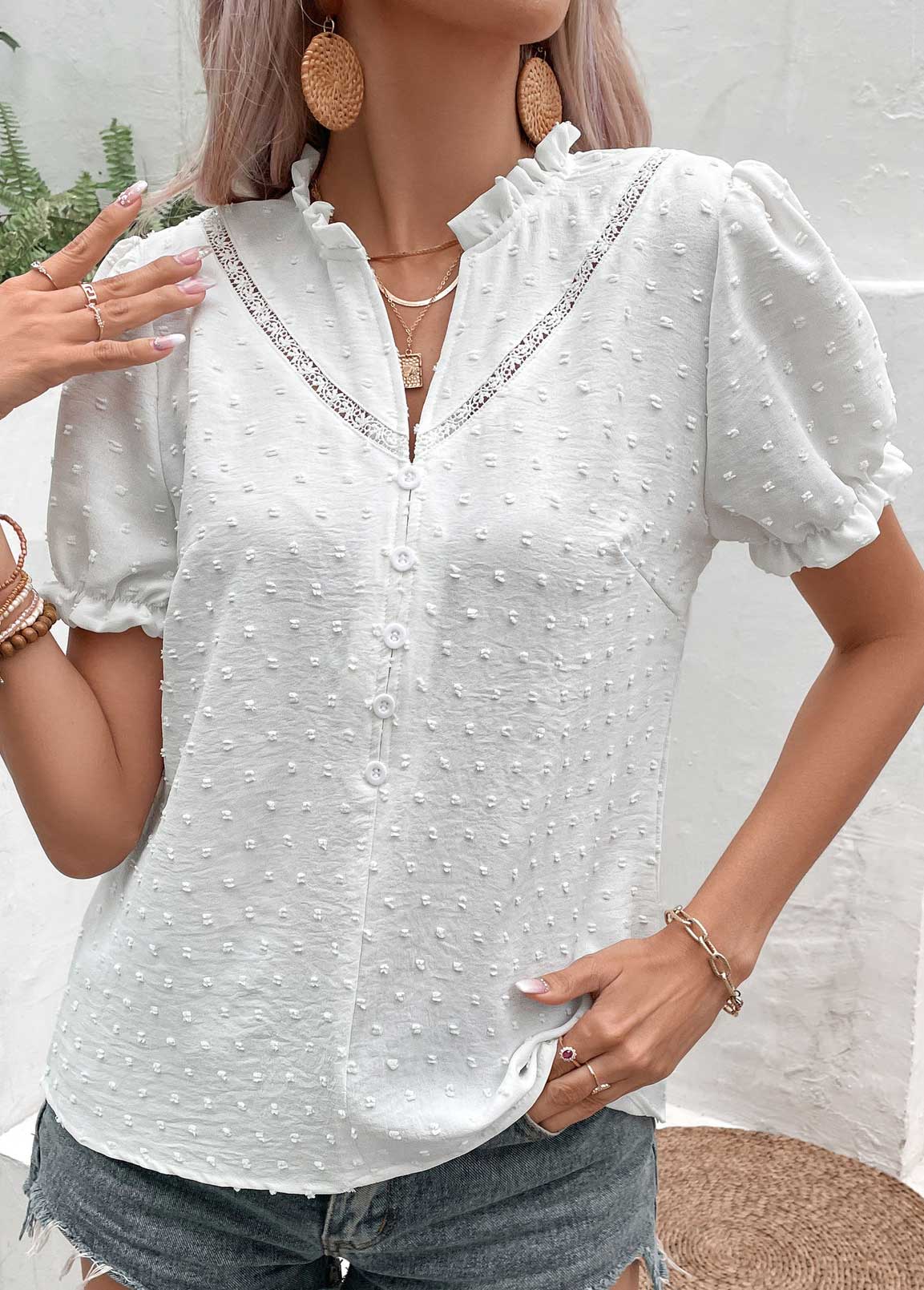 White tops,Plain Color tops,Button White Split Neck Short Sleeve Blouse