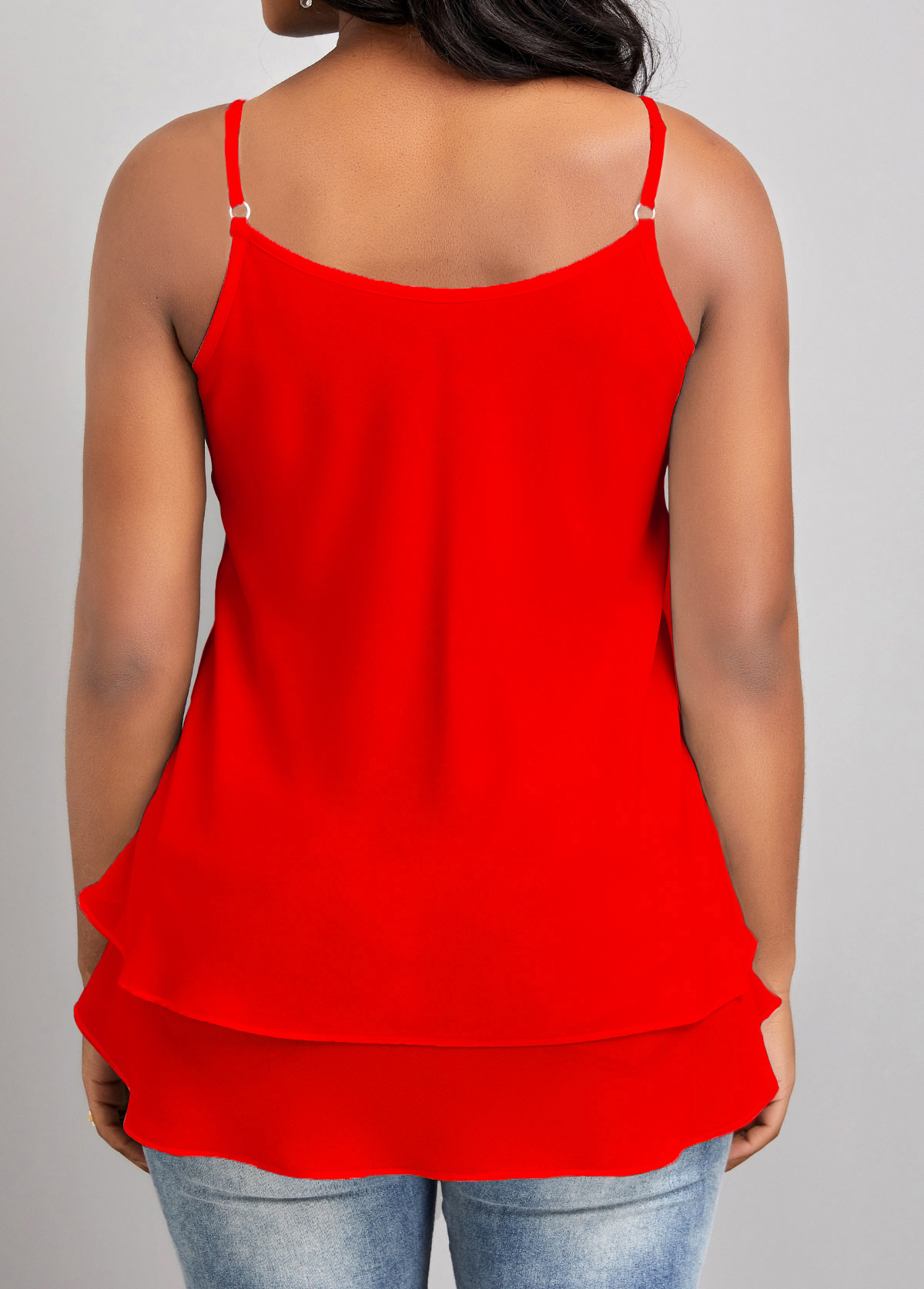 Red tops,Plain Color tops,ROTITA Ruffle Red Scoop Neck Strappy Camisole Top