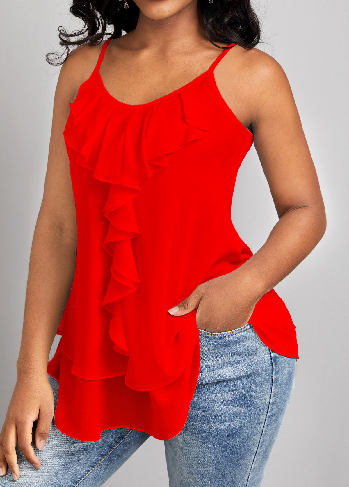 Red tops,Plain Color tops,ROTITA Ruffle Red Scoop Neck Strappy Camisole Top