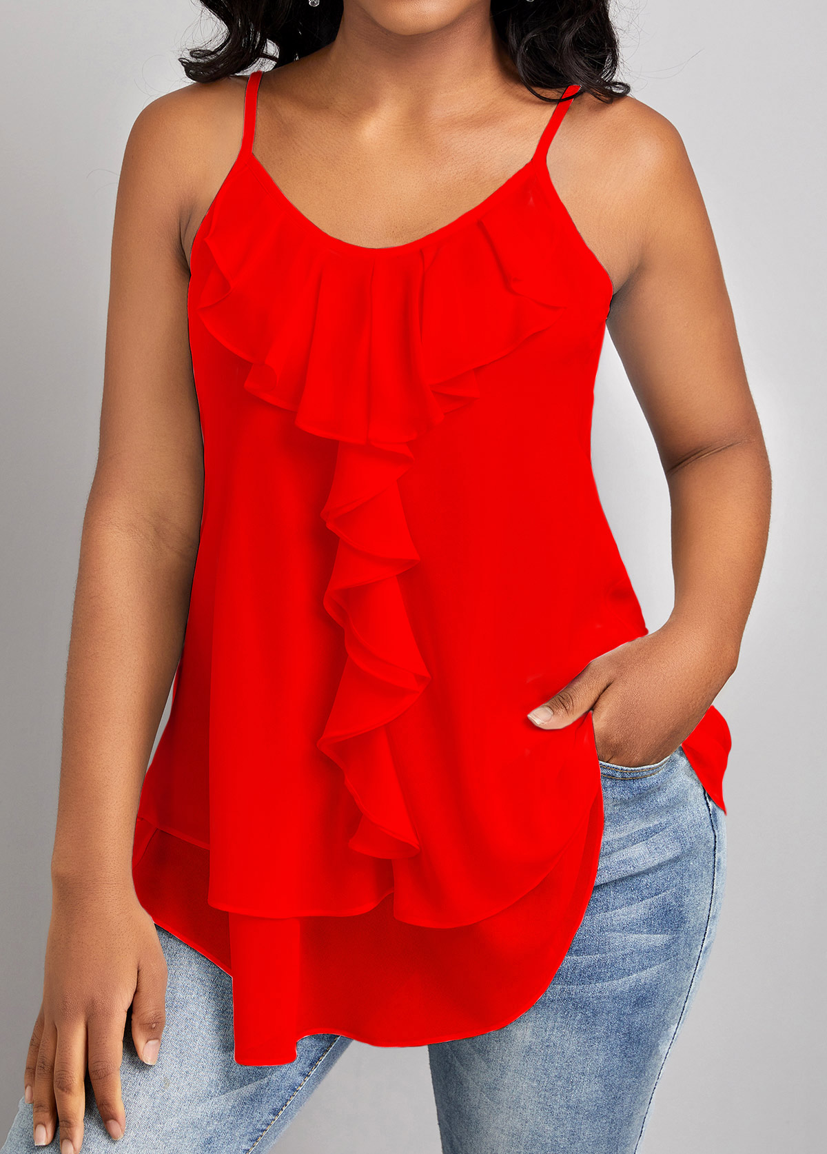 Red tops,Plain Color tops,ROTITA Ruffle Red Scoop Neck Strappy Camisole Top