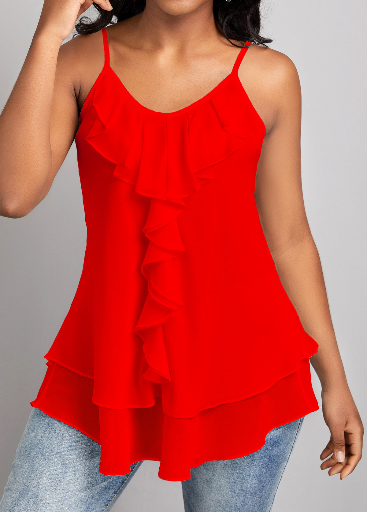 Red tops,Plain Color tops,ROTITA Ruffle Red Scoop Neck Strappy Camisole Top
