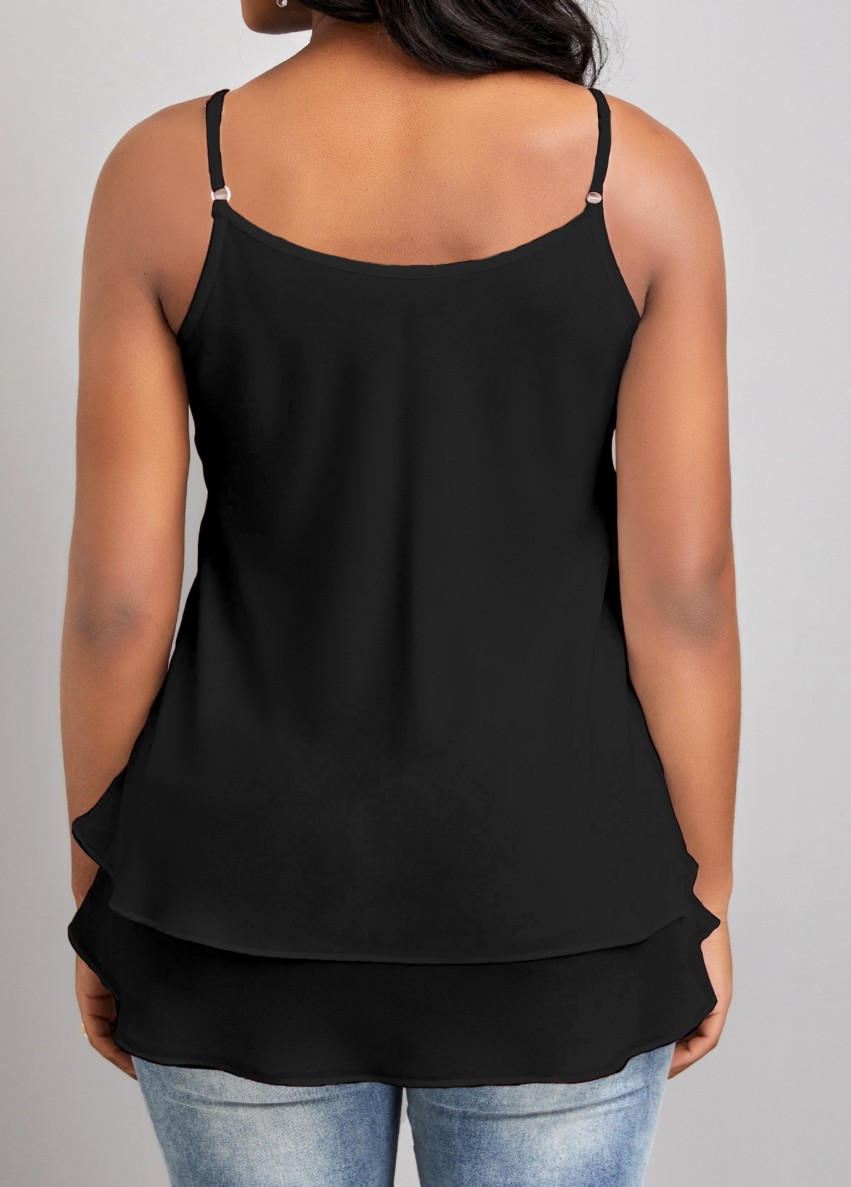 Black tops,Plain Color tops,ROTITA Ruffle Black Scoop Neck Strappy Camisole Top