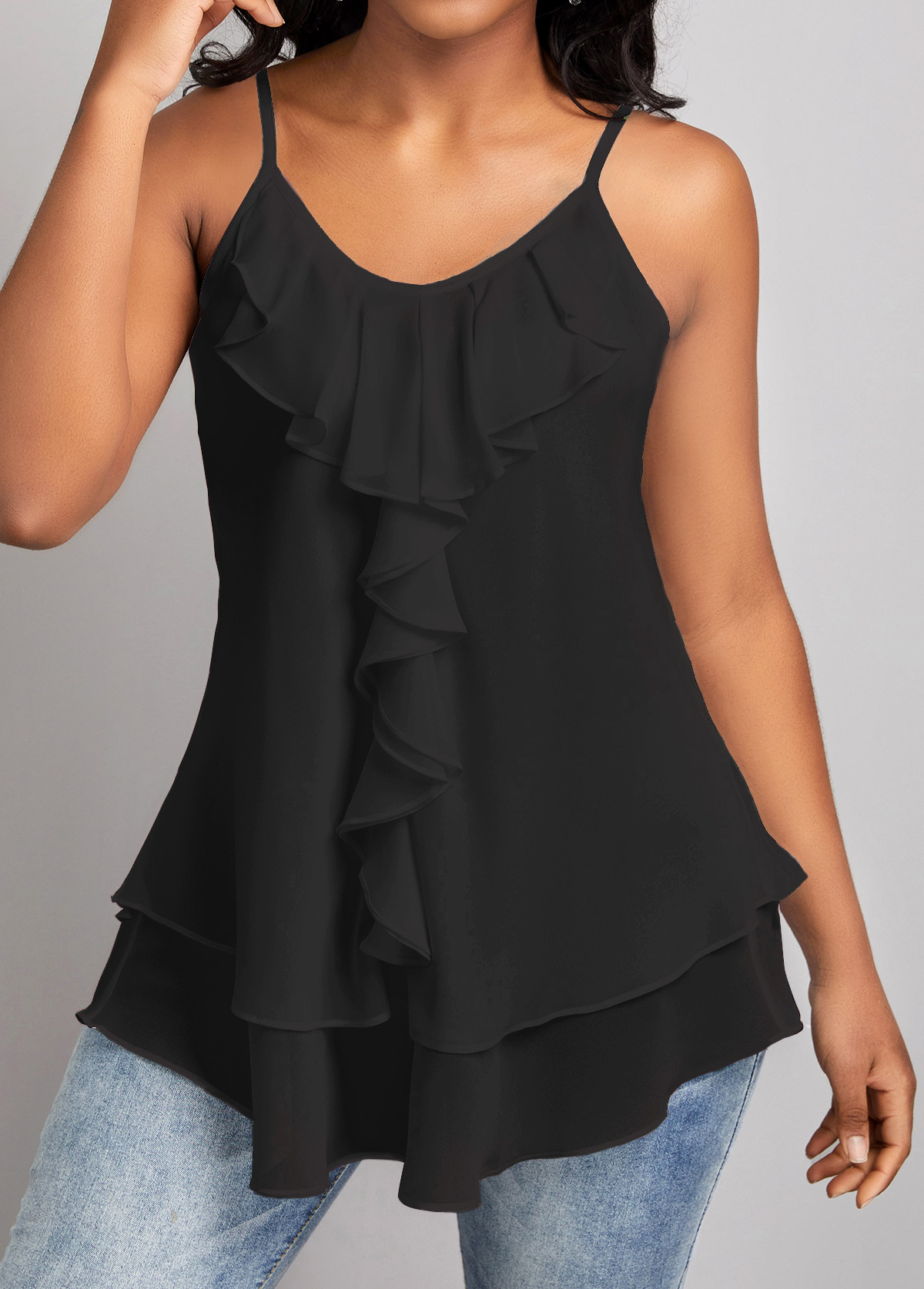 Black tops,Plain Color tops,ROTITA Ruffle Black Scoop Neck Strappy Camisole Top
