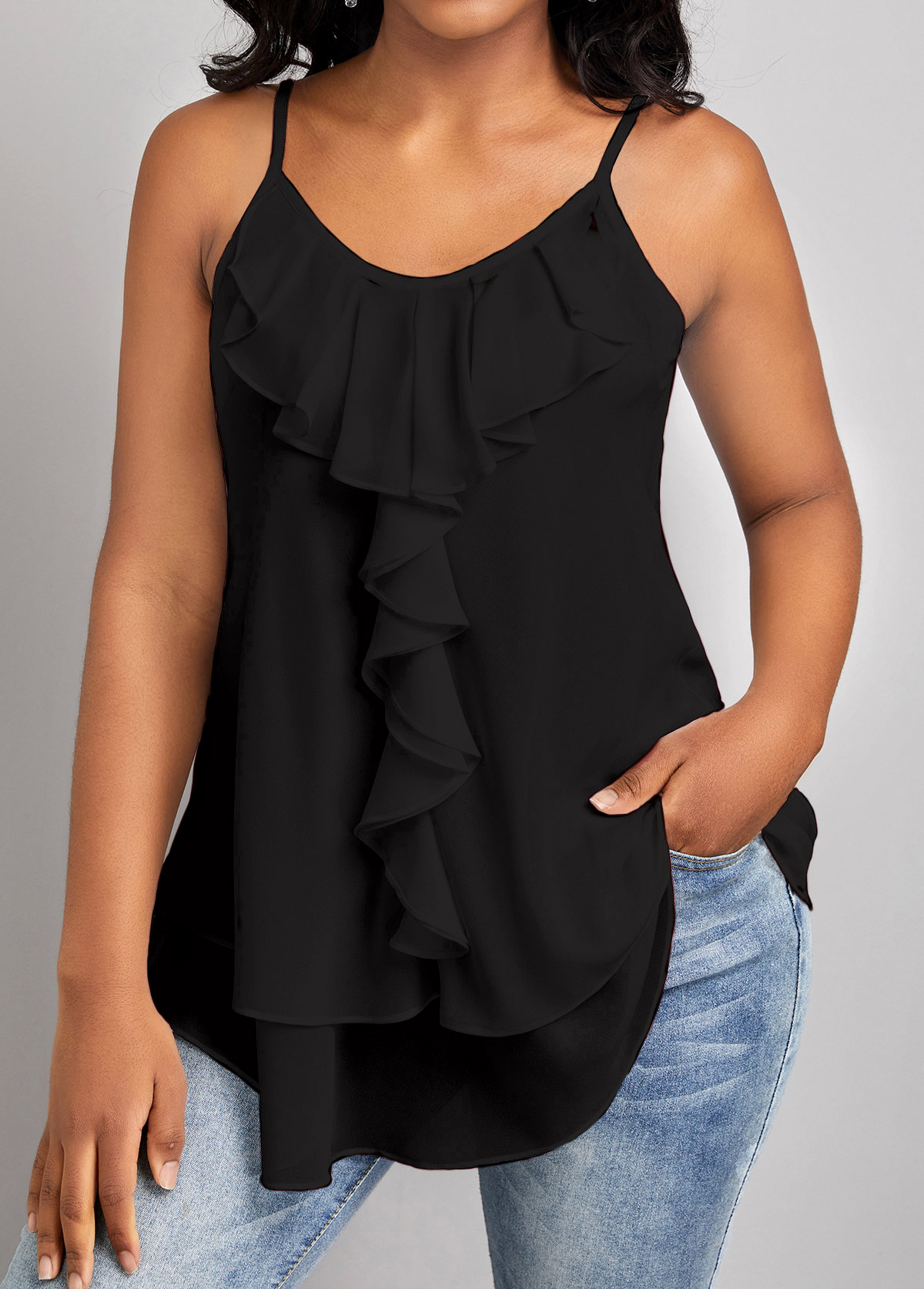 Black tops,Plain Color tops,ROTITA Ruffle Black Scoop Neck Strappy Camisole Top
