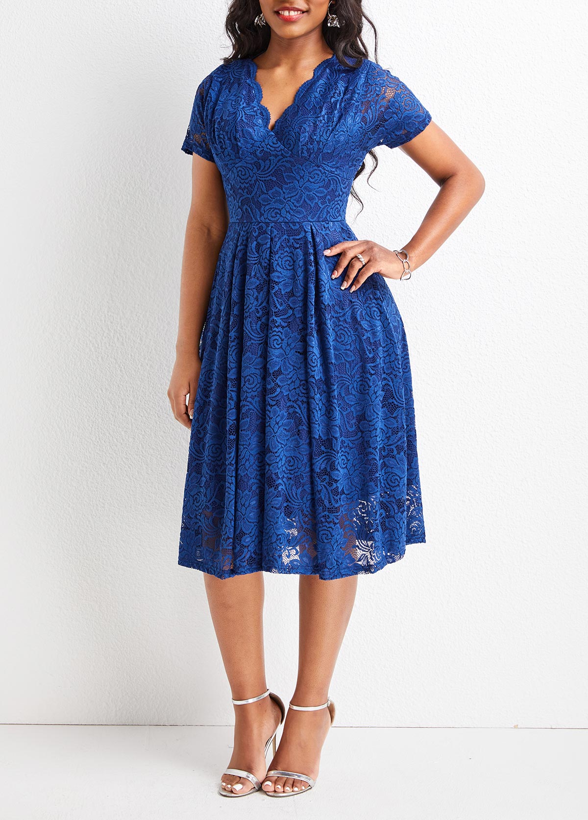 Navy dresses,Plain Color dresses,Lace Navy V Neck Short Sleeve Dress