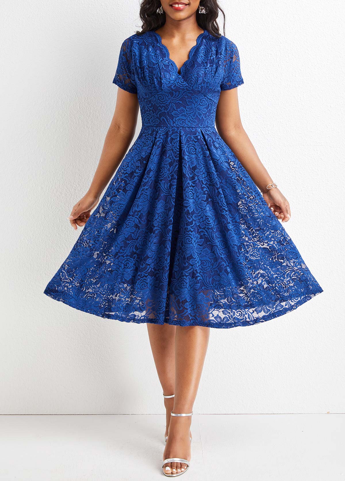 Navy dresses,Plain Color dresses,Lace Navy V Neck Short Sleeve Dress