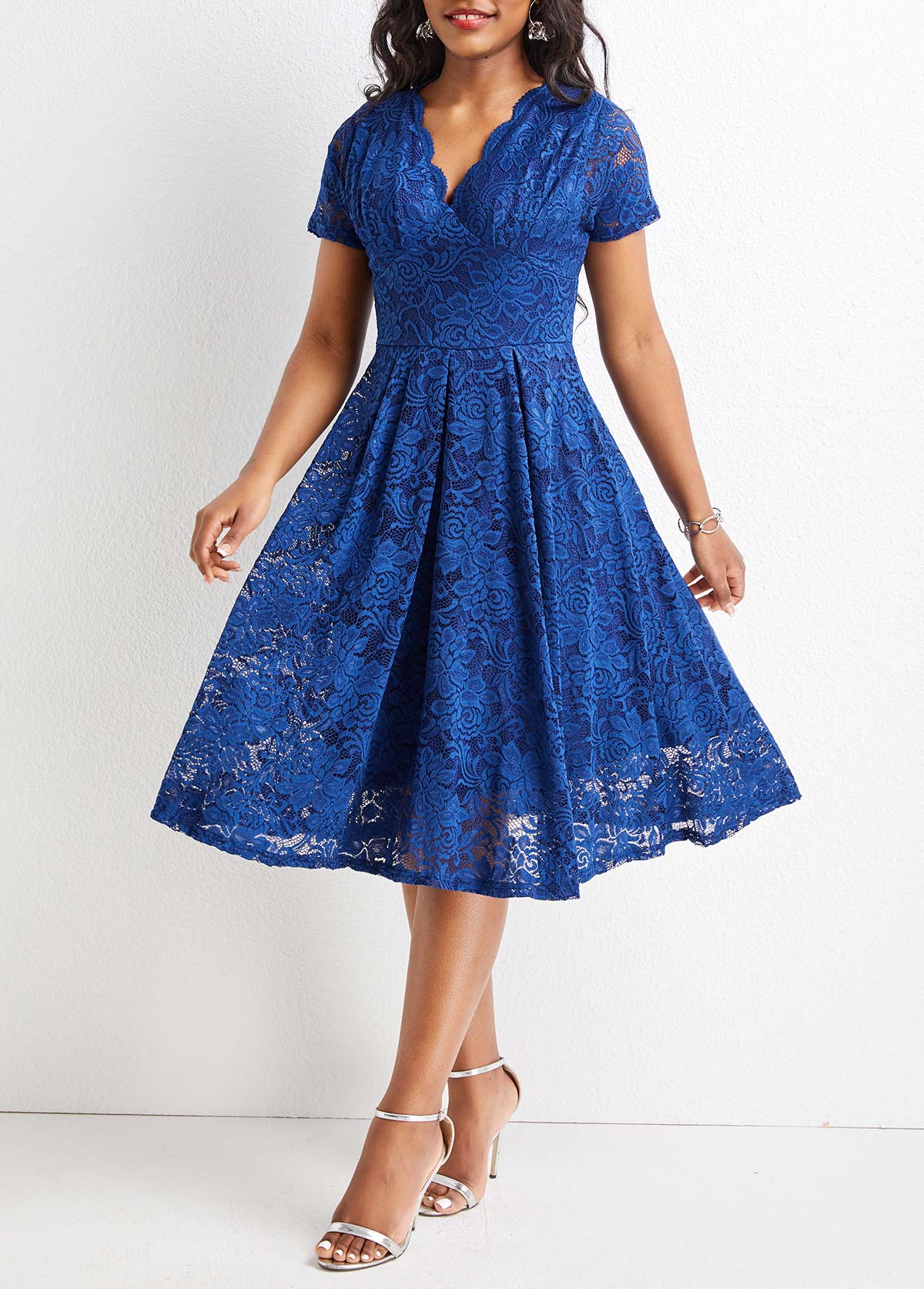Navy dresses,Plain Color dresses,Lace Navy V Neck Short Sleeve Dress