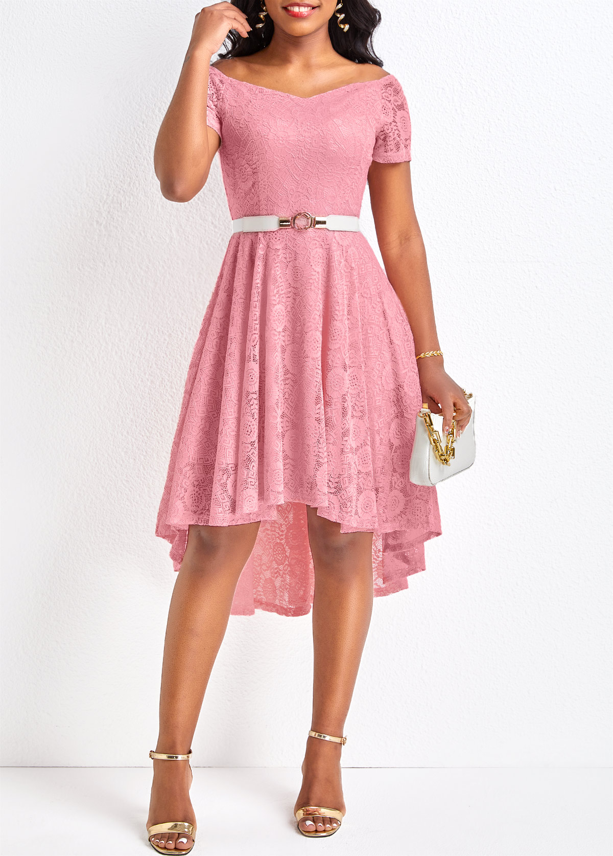 Lace Pink High Low Off Shoulder Dress