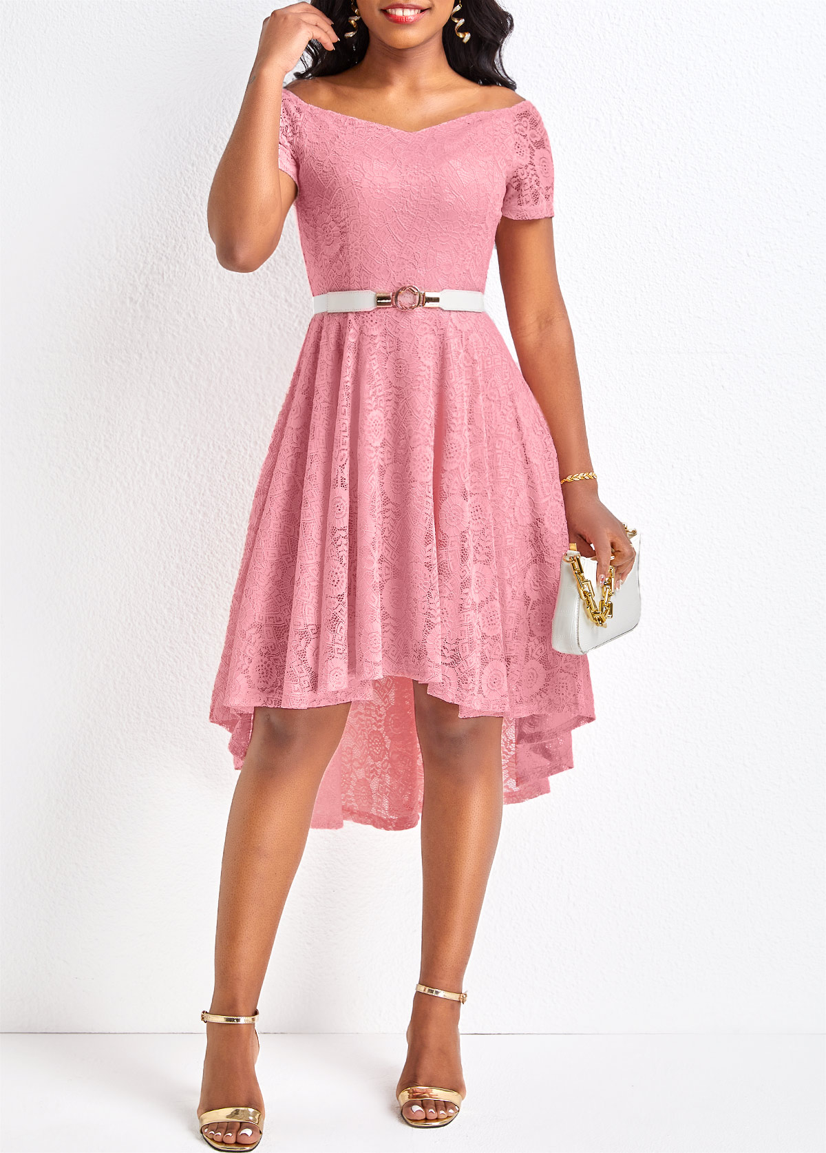 Pink dresses,Plain Color dresses,Lace Pink High Low Off Shoulder Dress