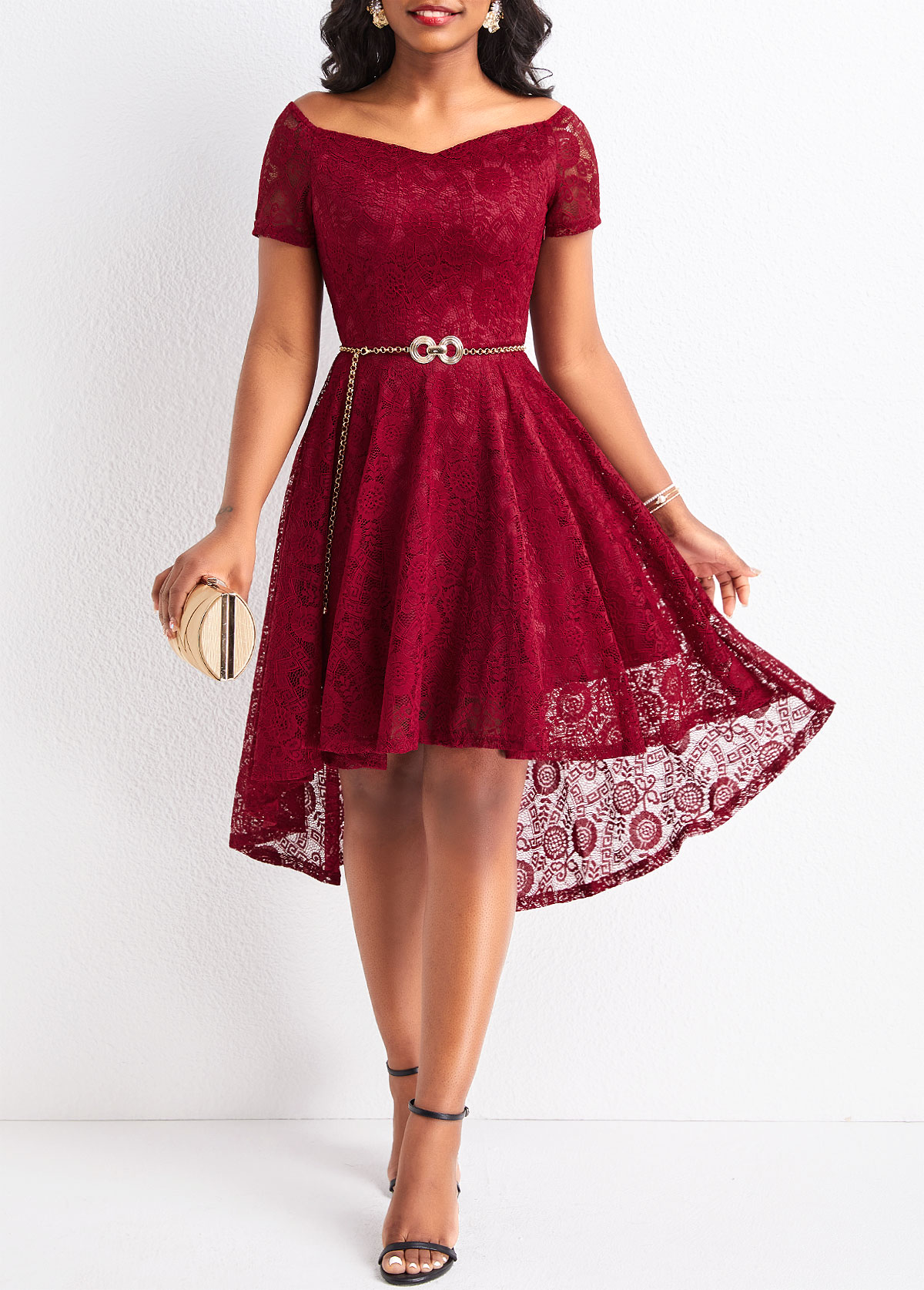 Lace Wine Red High Low Off Shoulder Dress
