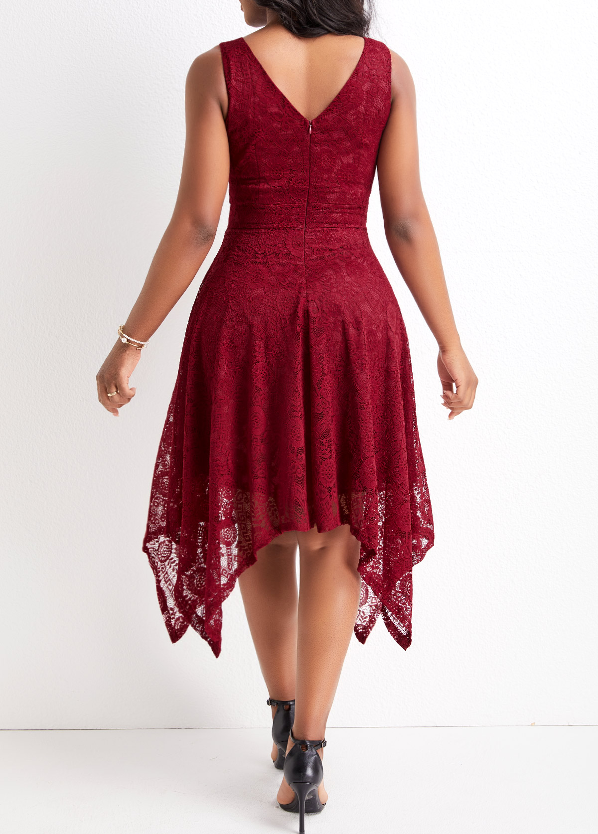 Wine Red dresses,Plain Color dresses,V Neck Lace Wine Red Sleeveless Dress
