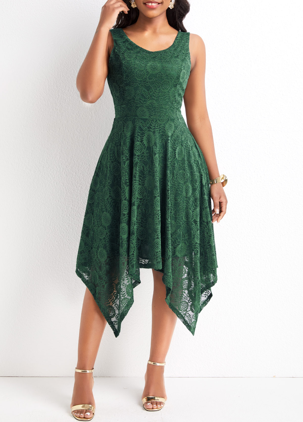 Blackish Green dresses,Plain Color dresses,Lace Blackish Green High Low V Neck Dress
