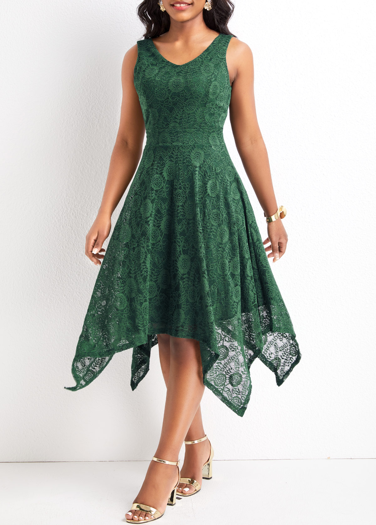 Blackish Green dresses,Plain Color dresses,Lace Blackish Green High Low V Neck Dress