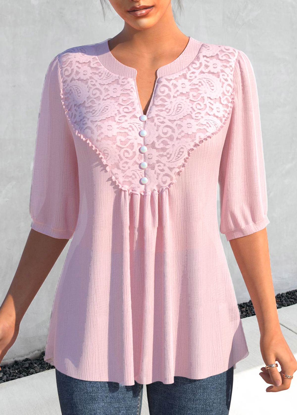 Light Pink tops,Plain Color tops,ROTITA Lace Light Pink Split Neck Half Sleeve Blouse