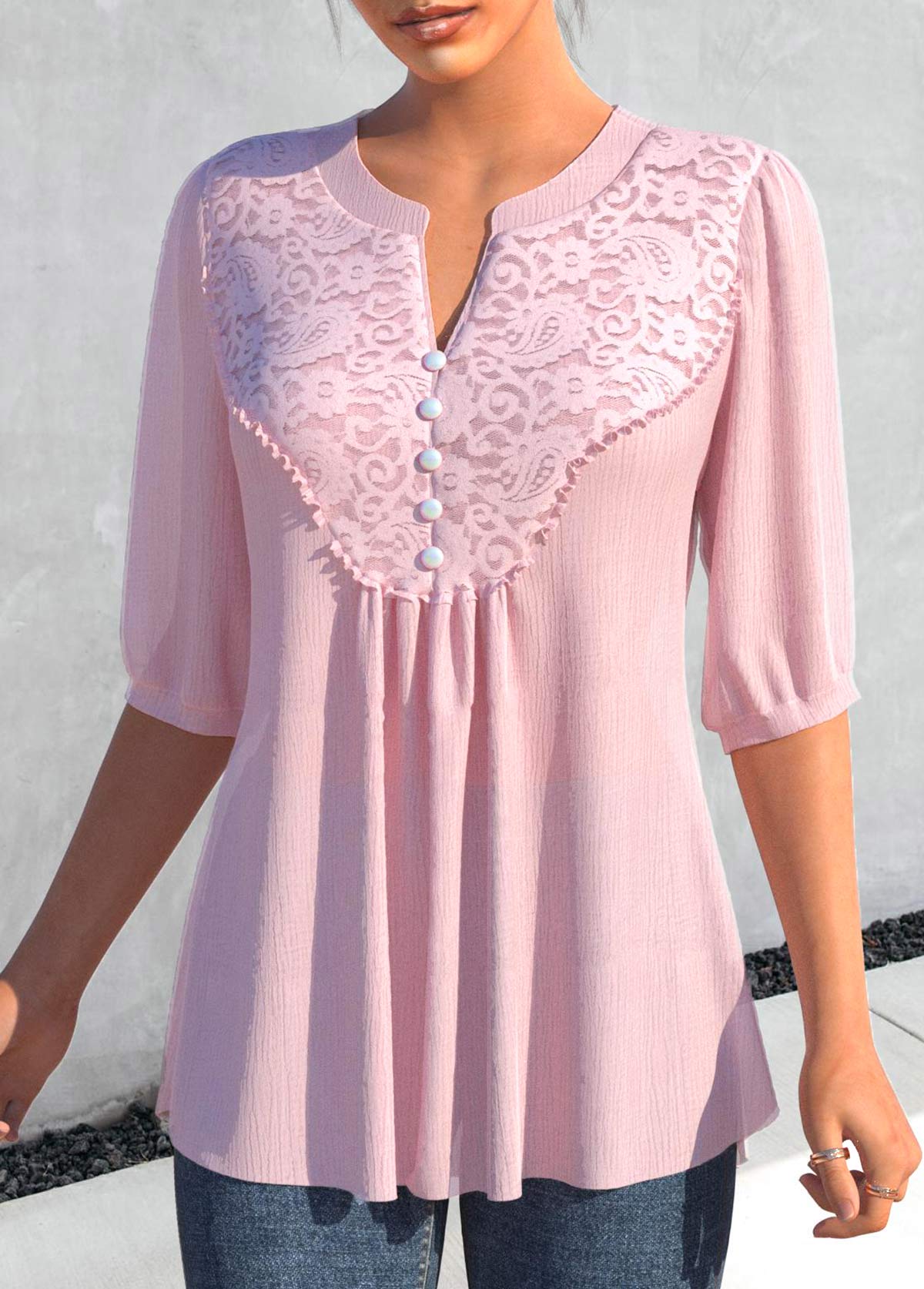 Light Pink tops,Plain Color tops,ROTITA Lace Light Pink Split Neck Half Sleeve Blouse