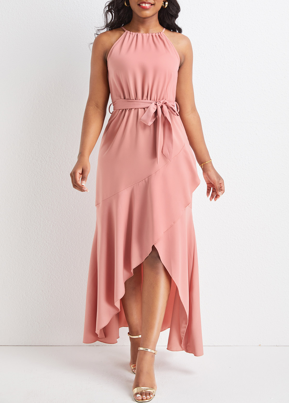 Dusty Pink Belted High Low Sleeveless Dress