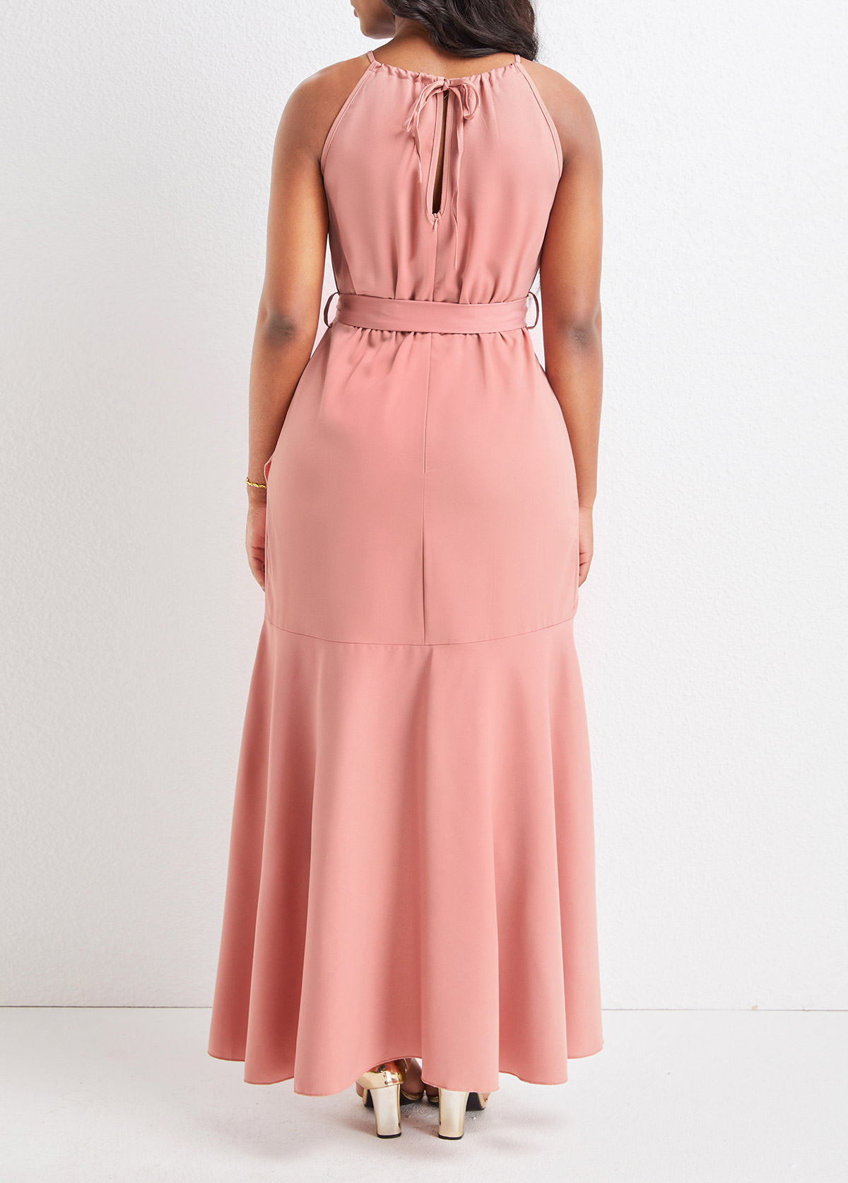 Dusty Pink dresses,Plain Color dresses,Dusty Pink Belted High Low Sleeveless Dress