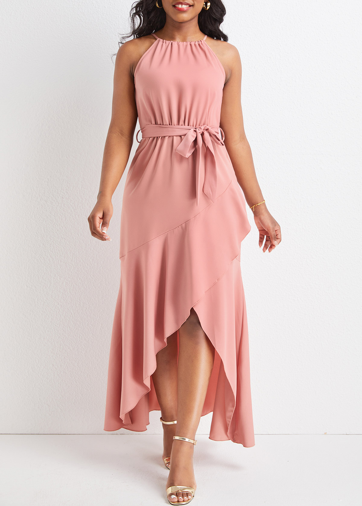 Dusty Pink dresses,Plain Color dresses,Dusty Pink Belted High Low Sleeveless Dress