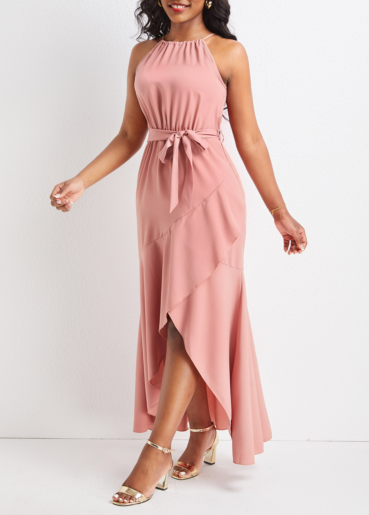Dusty Pink dresses,Plain Color dresses,Dusty Pink Belted High Low Sleeveless Dress