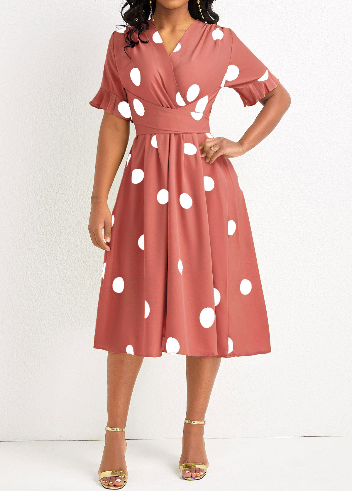 Coral dresses,Dot dresses,ROTITA Criss Cross Belted Polka Dot Avocado Green Dress