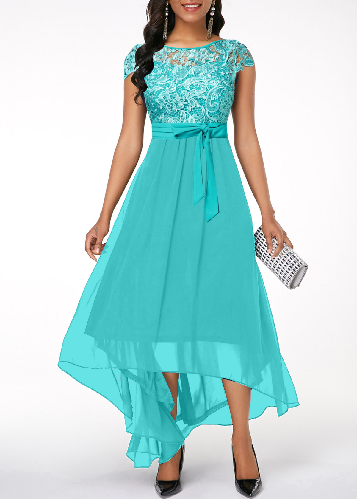 ROTITA Lace Mint Green High Low Boat Neck Dress