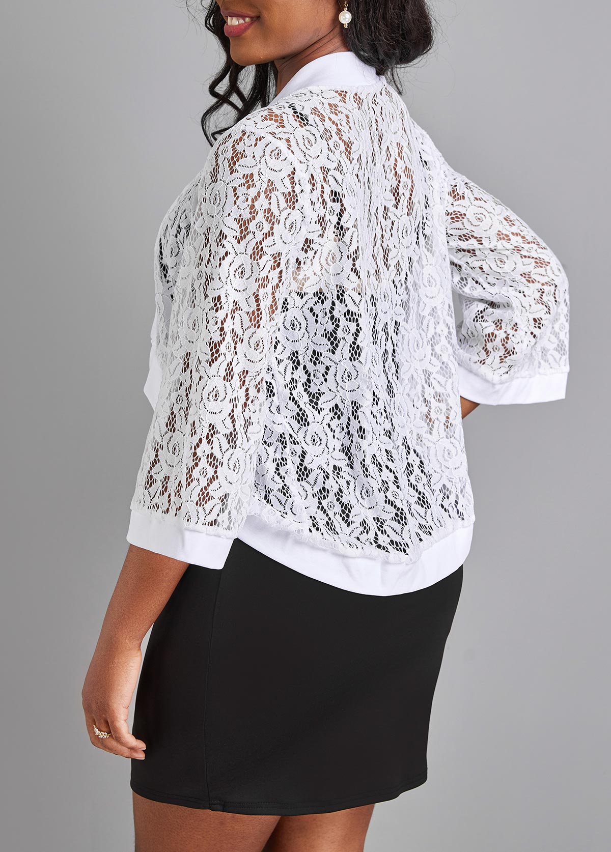 White outerwear & coats,Plain Color outerwear & coats,Lace White Three Quarter Length Sleeve Coat