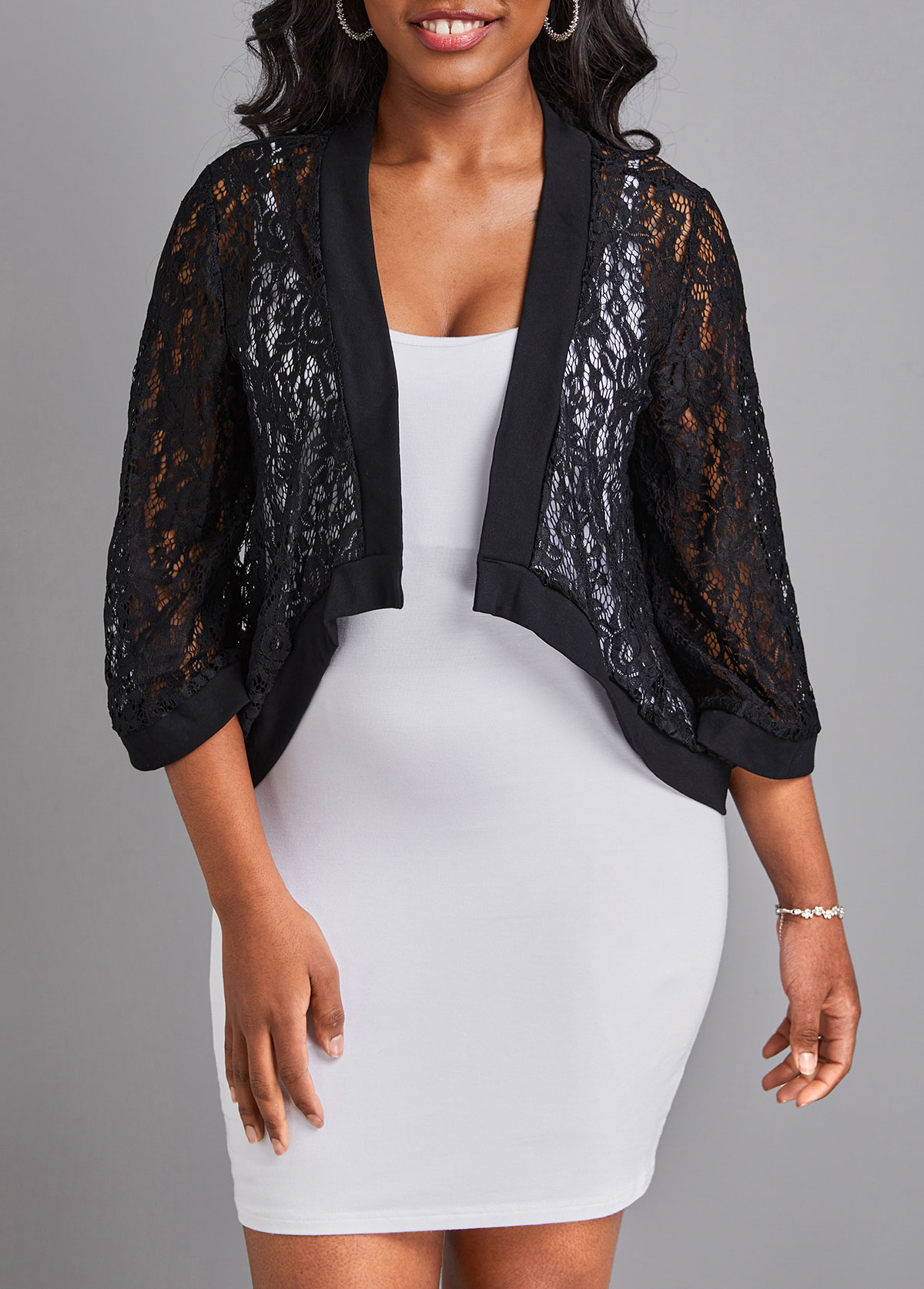 Black outerwear & coats,Plain Color outerwear & coats,Lace Black Three Quarter Length Sleeve Coat