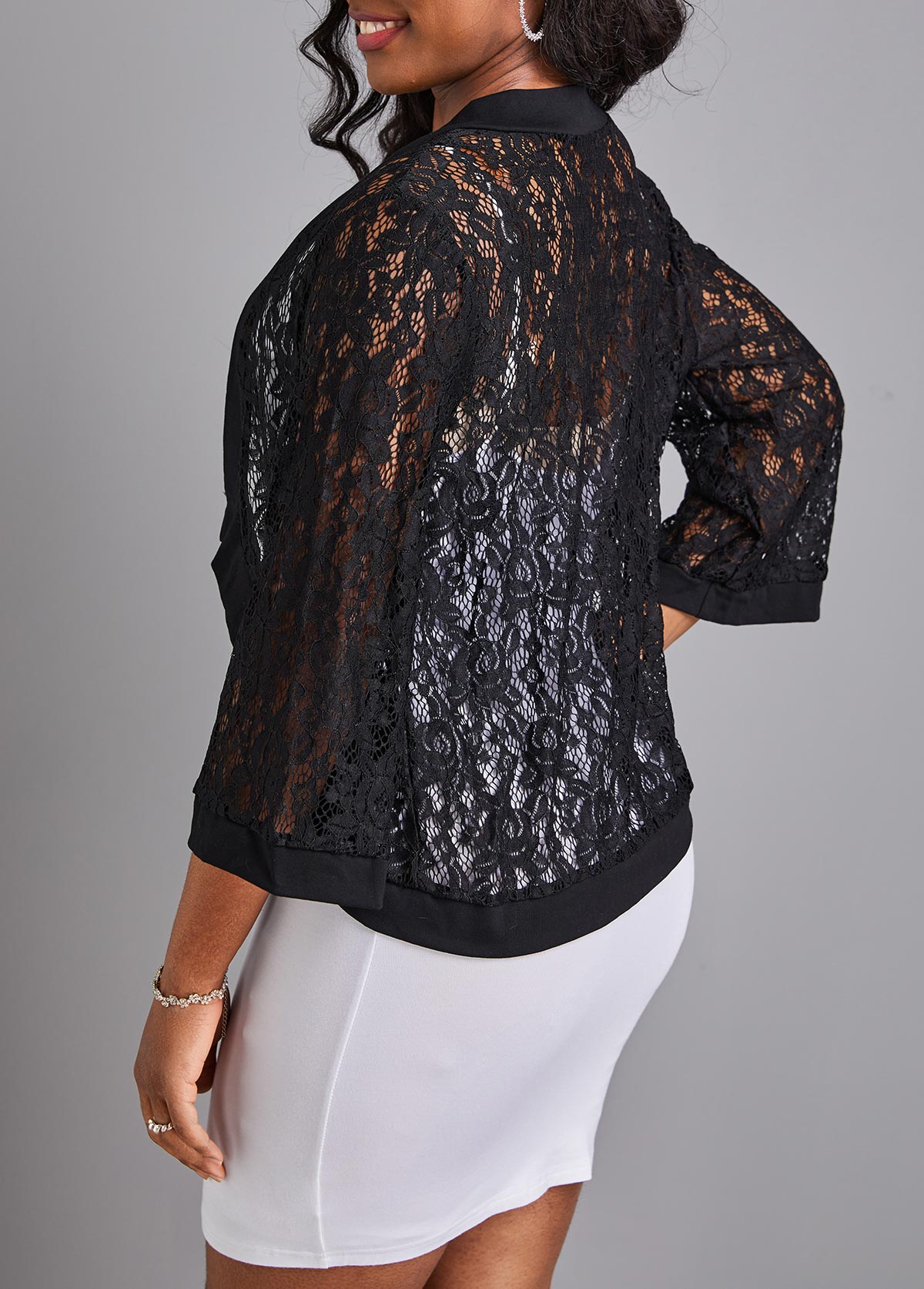 Black outerwear & coats,Plain Color outerwear & coats,Lace Black Three Quarter Length Sleeve Coat