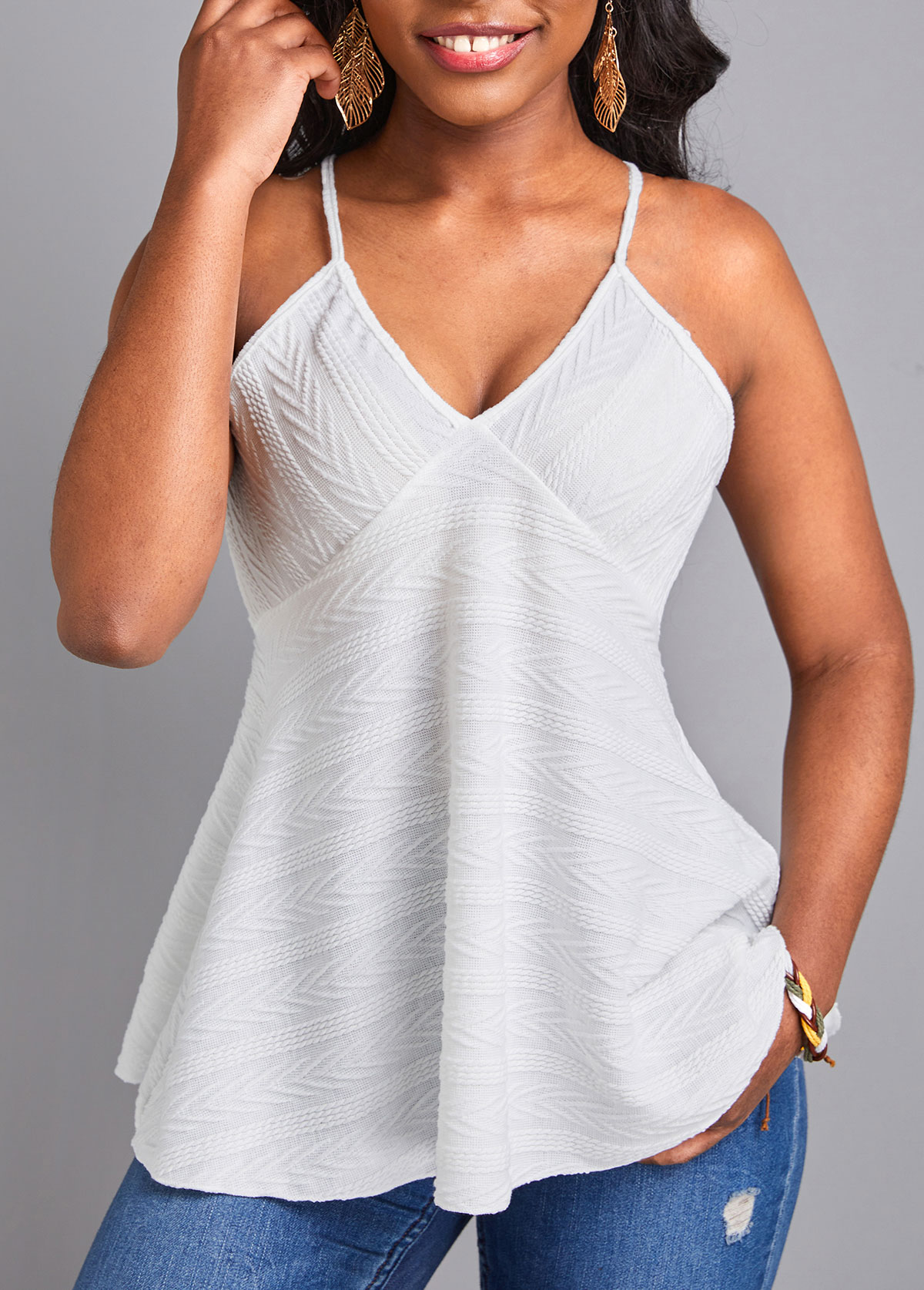 White tops,Plain Color tops,White Flowy V Neck Camisole Top