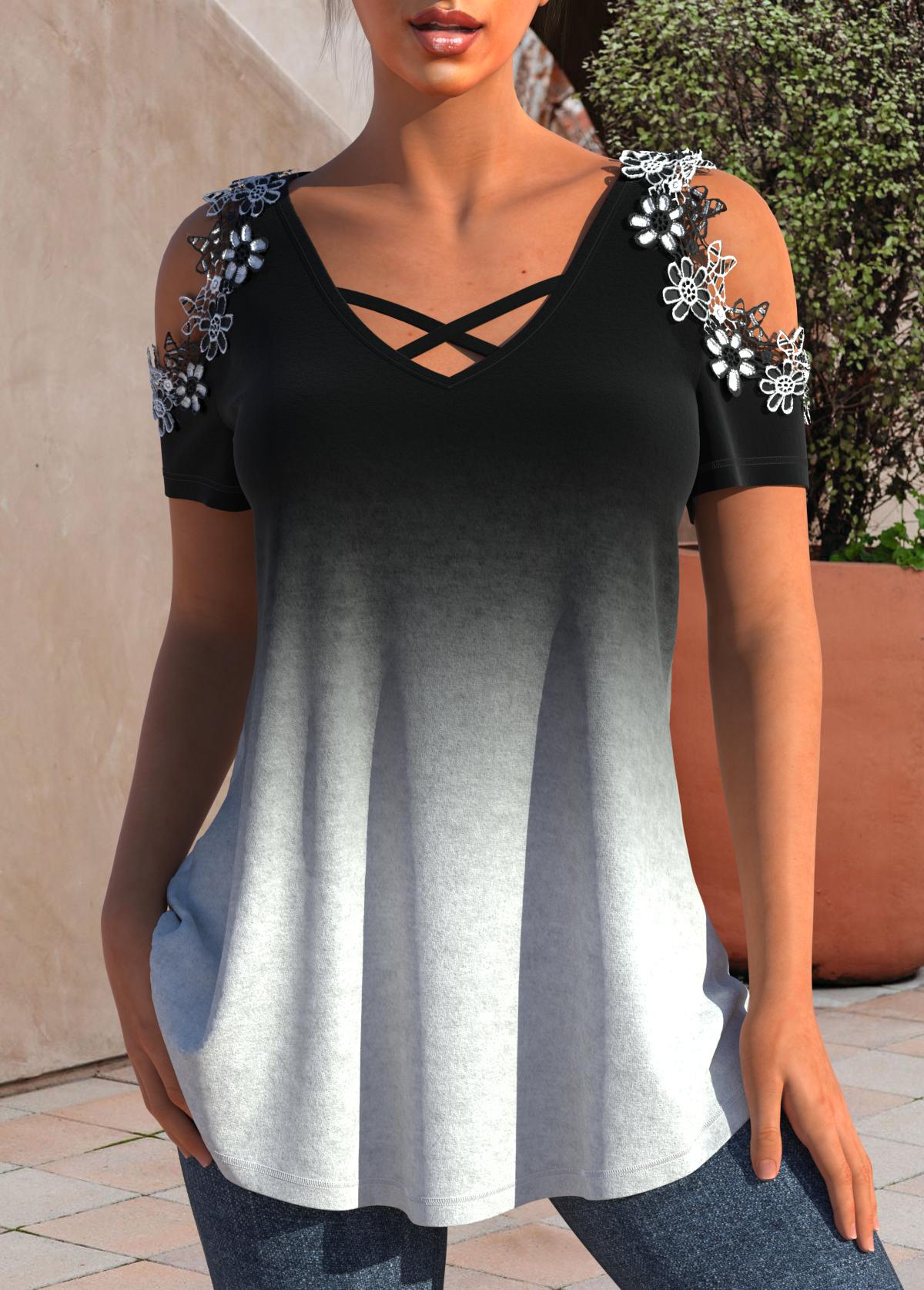 ROTITA Patchwork Ombre Black Round Neck T Shirt