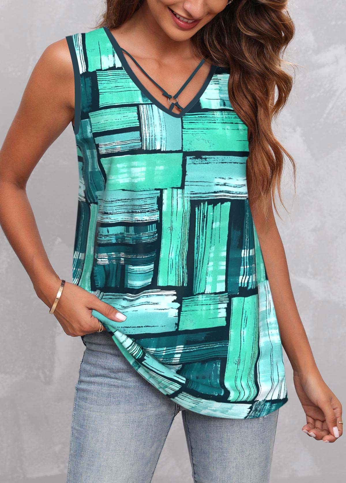 Green tops,Geometric tops,ROTITA Circular Ring Geometric Print Green Tank Top